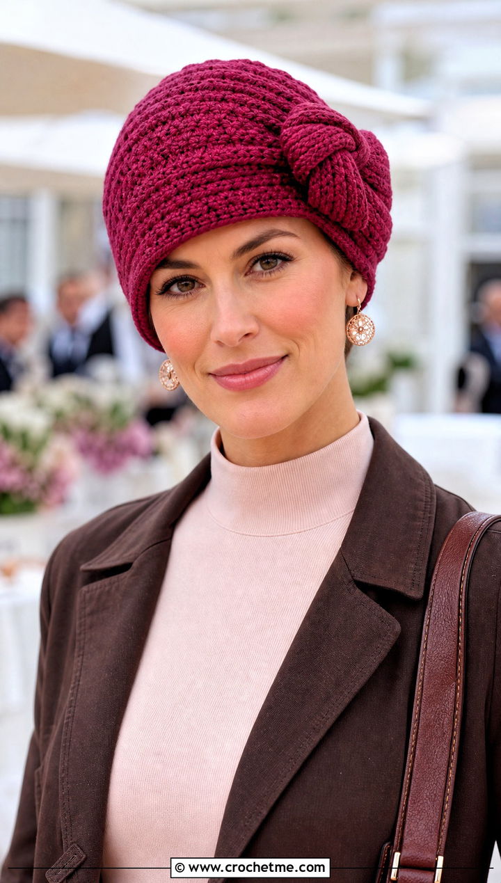 Side Knot Crochet Chemo Cloche With Midi Skirt - 30 crochet chemo hat outfit ideas