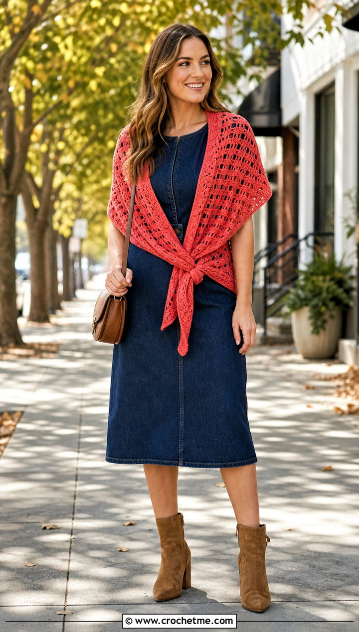 Side Knot Fall River Crochet Shawl With a Denim Midi Dress - 25 Fall River Crochet Shawl outfit ideas