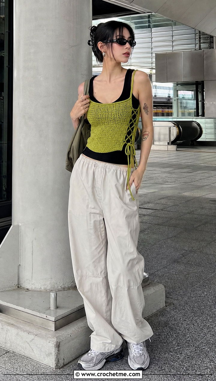 Side Lace Crochet Corset Vest With Parachute Pants - 30 crochet corset vest outfit ideas