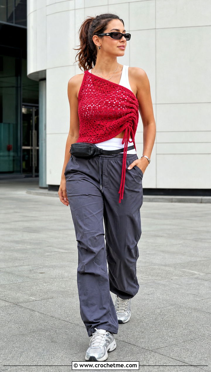 Side Ruched Crochet Cinch Top With Parachute Pants - 25 crochet cinch top outfit ideas