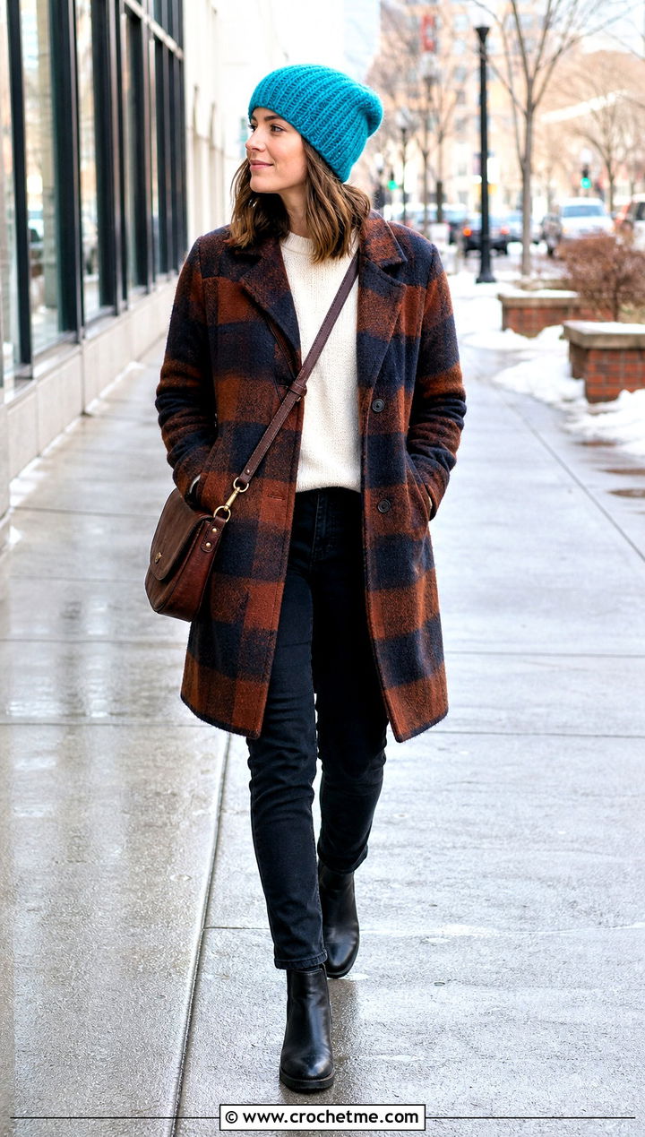 Side Seam Mohair Crochet Beanie With Plaid Coat And Black Jeans - 35 mohair crochet beanie outfit ideas