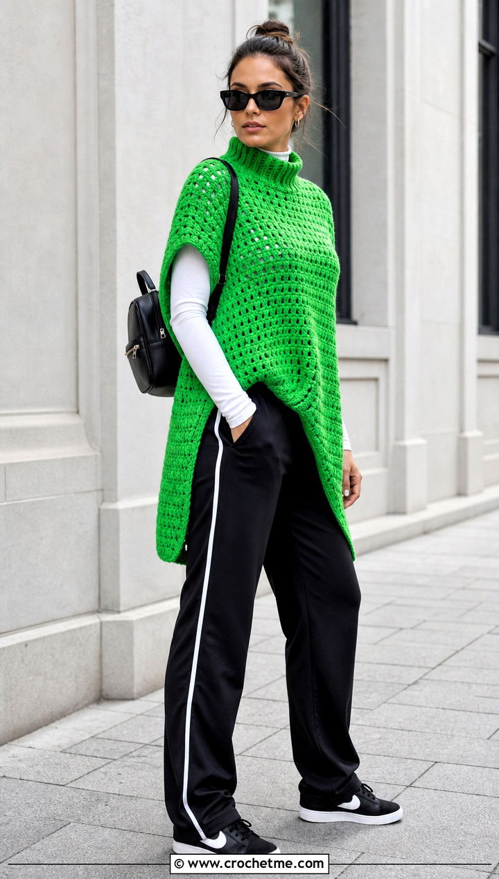Side Slit Chunky Crochet Poncho With Track Pants - 25 Chunky Yarn Crochet Poncho outfit ideas