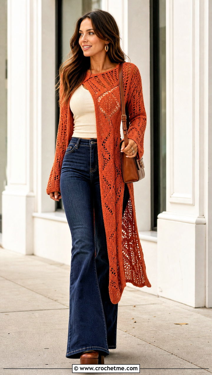 Side Slit Crochet Boho Sweater With Flared Jeans - 30 crochet boho sweater outfit ideas