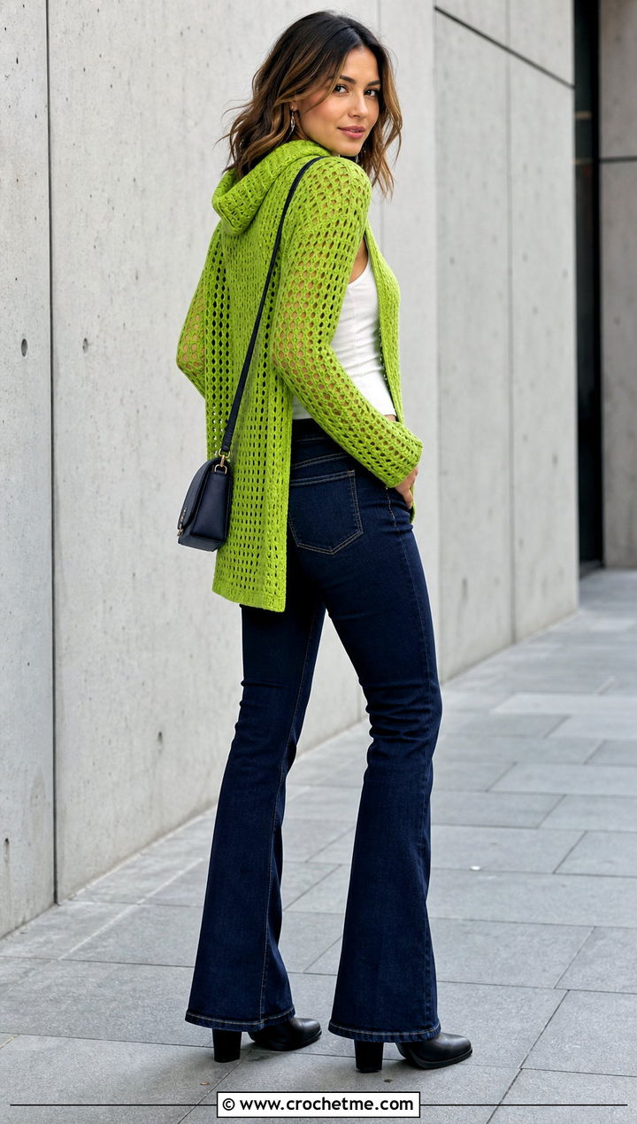 Side Slit Crochet Cowl Neck Sweater With Flared Jeans - 25 Crochet Cowl Neck Sweater outfit ideas