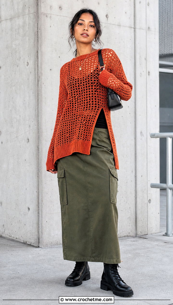 Side Slit Crochet Drop Shoulder Sweater With Cargo Maxi Skirt - 30 crochet drop shoulder sweater outfit ideas