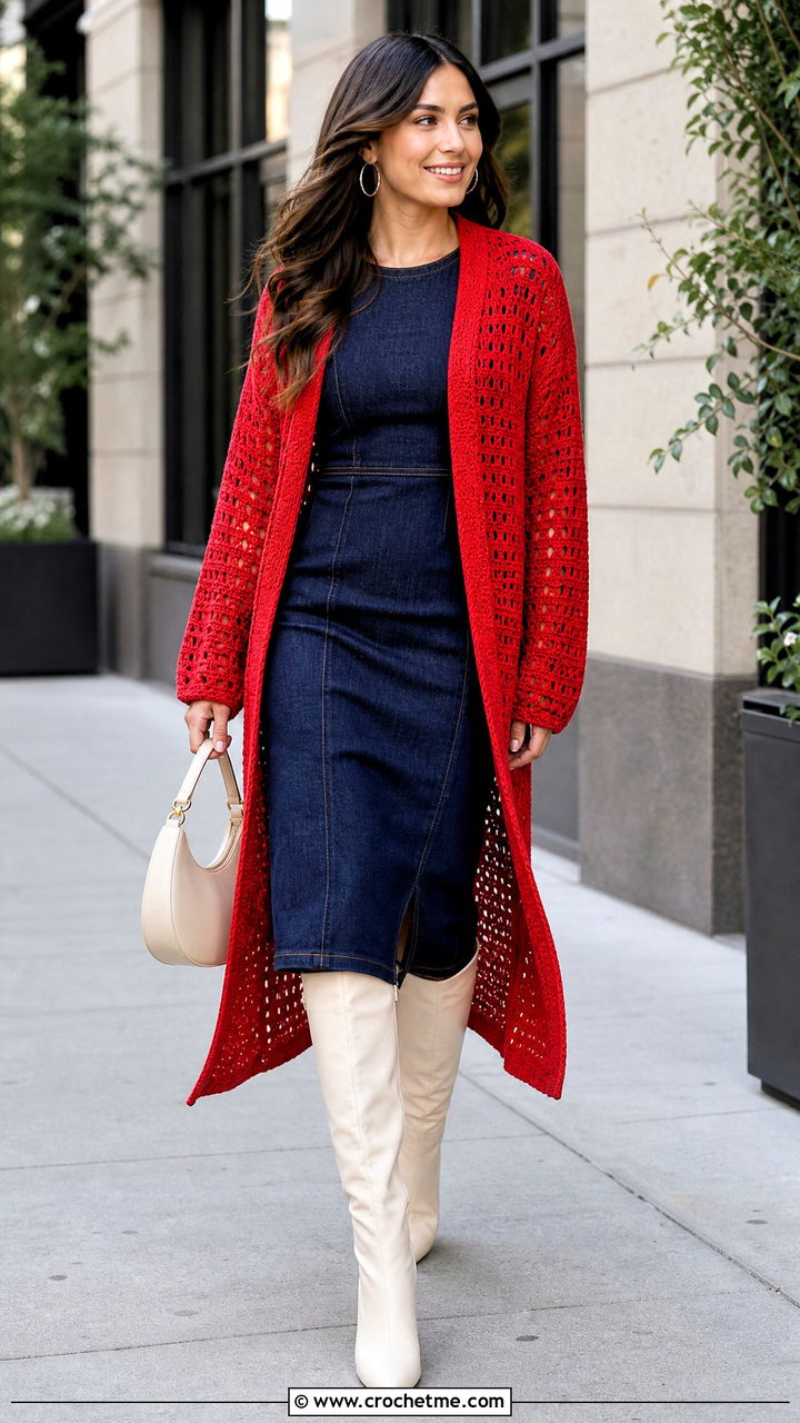 Side Slit Crochet Duster Cardigan With Denim Dress - 35 crochet duster cardigan outfit ideas