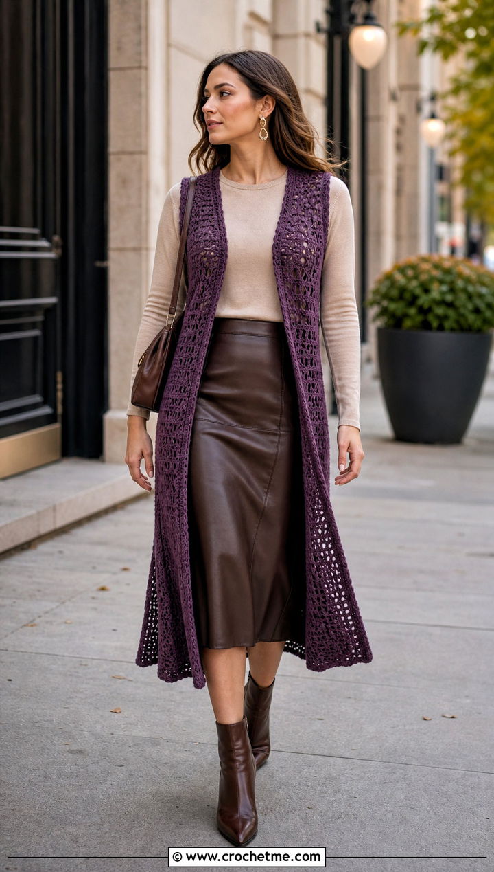 Side Slit Crochet Duster Vest With Leather Midi Skirt - 20 crochet duster vest outfit ideas