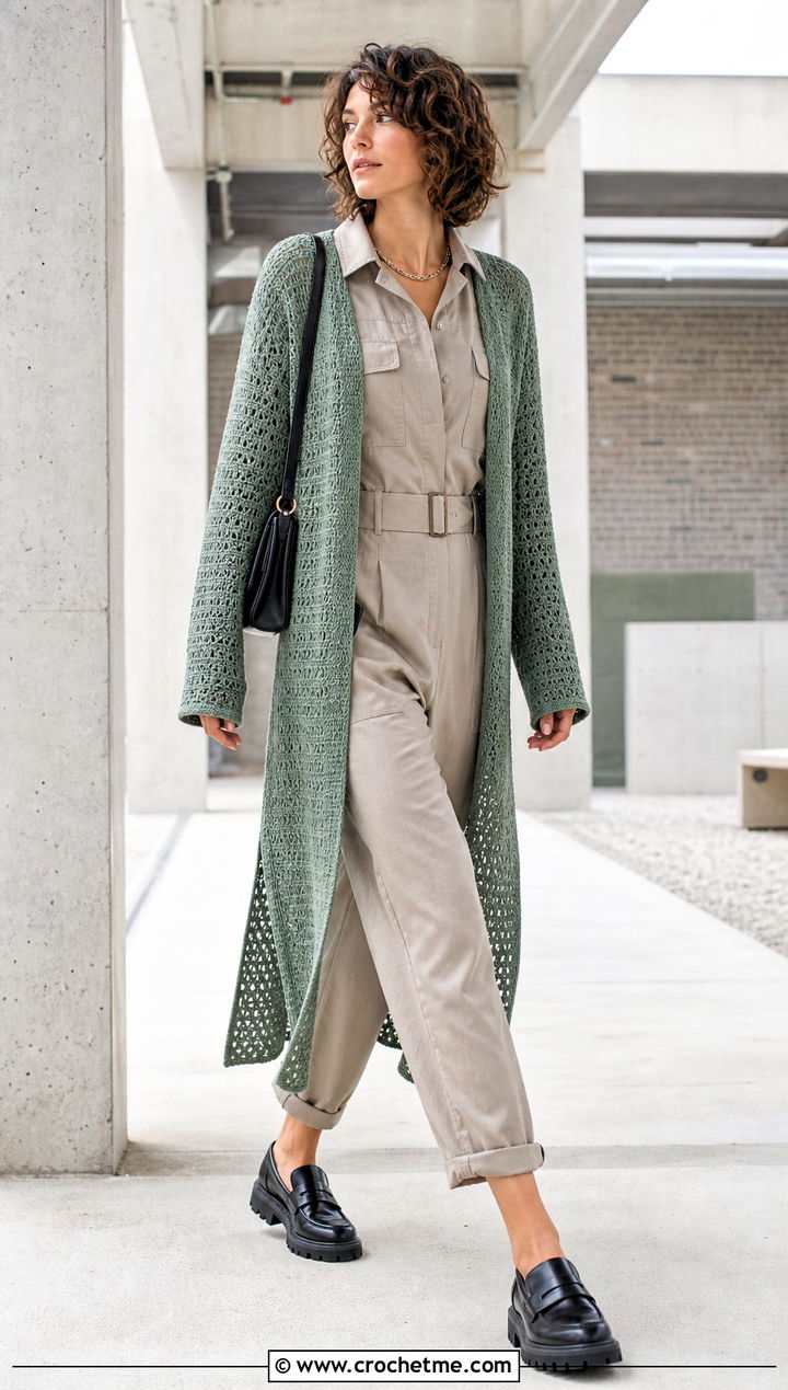 Side Slit Crochet Long Sweater With Utility Jumpsuit - 35 crochet long sweater outfit ideas