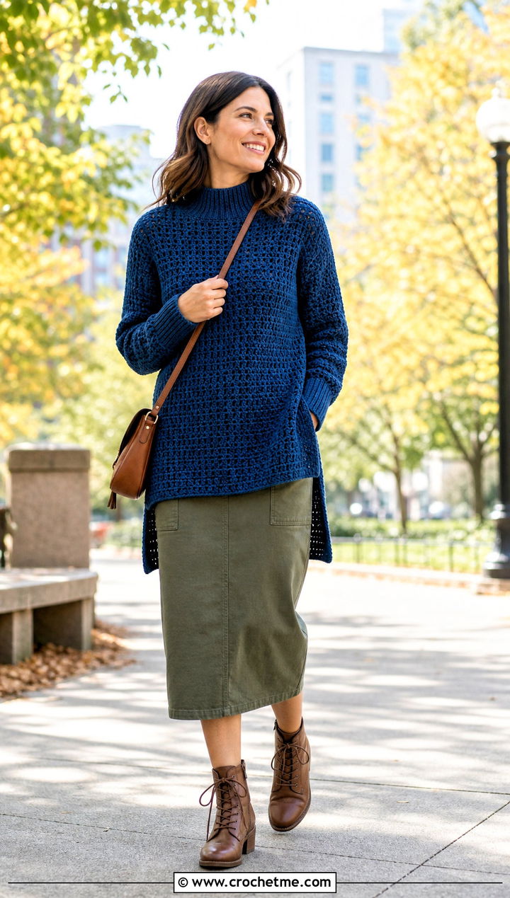 Side Slit Crochet Mock Neck Sweater With Utility Skirt - 25 Crochet Mock Neck Sweater outfit ideas