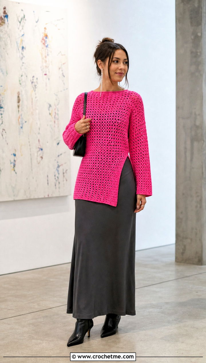 Side Slit Crochet Pullover With Column Skirt - 30 Easy Crochet Pullover outfit ideas