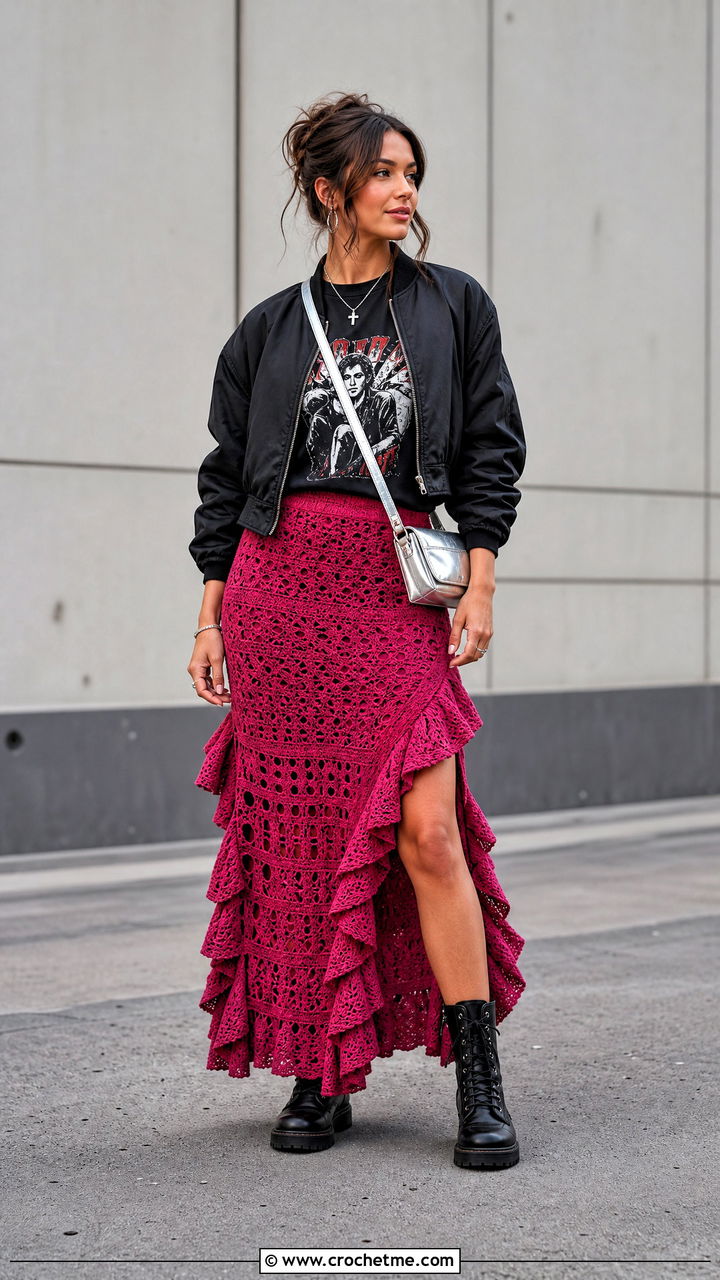 Side Slit Crochet Ruffle Maxi Skirt With Graphic T Shirt - 35 crochet ruffle skirt outfit ideas