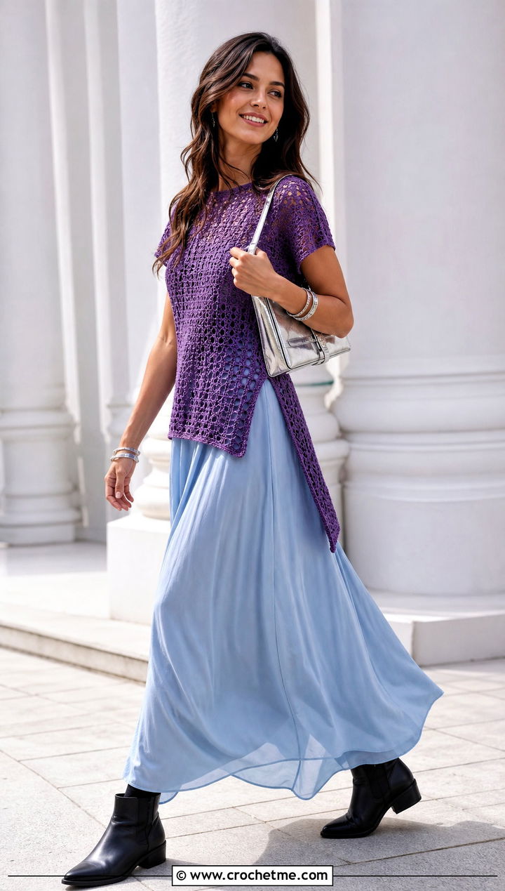 Side Slit Crochet Tee With Maxi Skirt - 35 crochet tee shirt outfit ideas