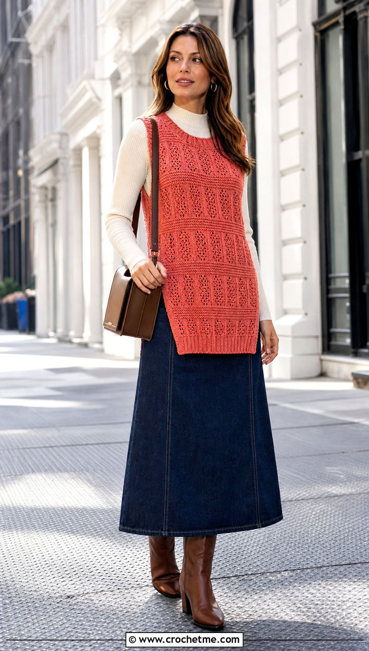 Side Slit Crochet Vest With Denim Maxi Skirt - 35 crochet vest for women outfit ideas