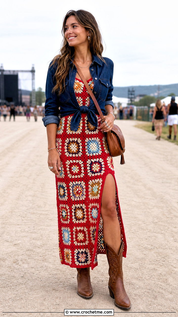 Side Slit Granny Square Dress With Denim Shirt And Cowboy Boots - 35 granny square dress outfit ideas