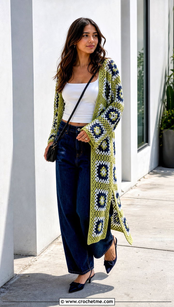 Side Slit Granny Square Duster With Barrel Jeans - 35 granny square duster outfit ideas