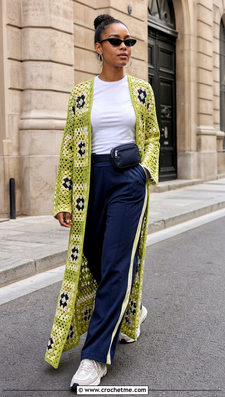 Side Slit Granny Square Duster With Track Pants - 25 Crochet Granny Square Duster outfit ideas