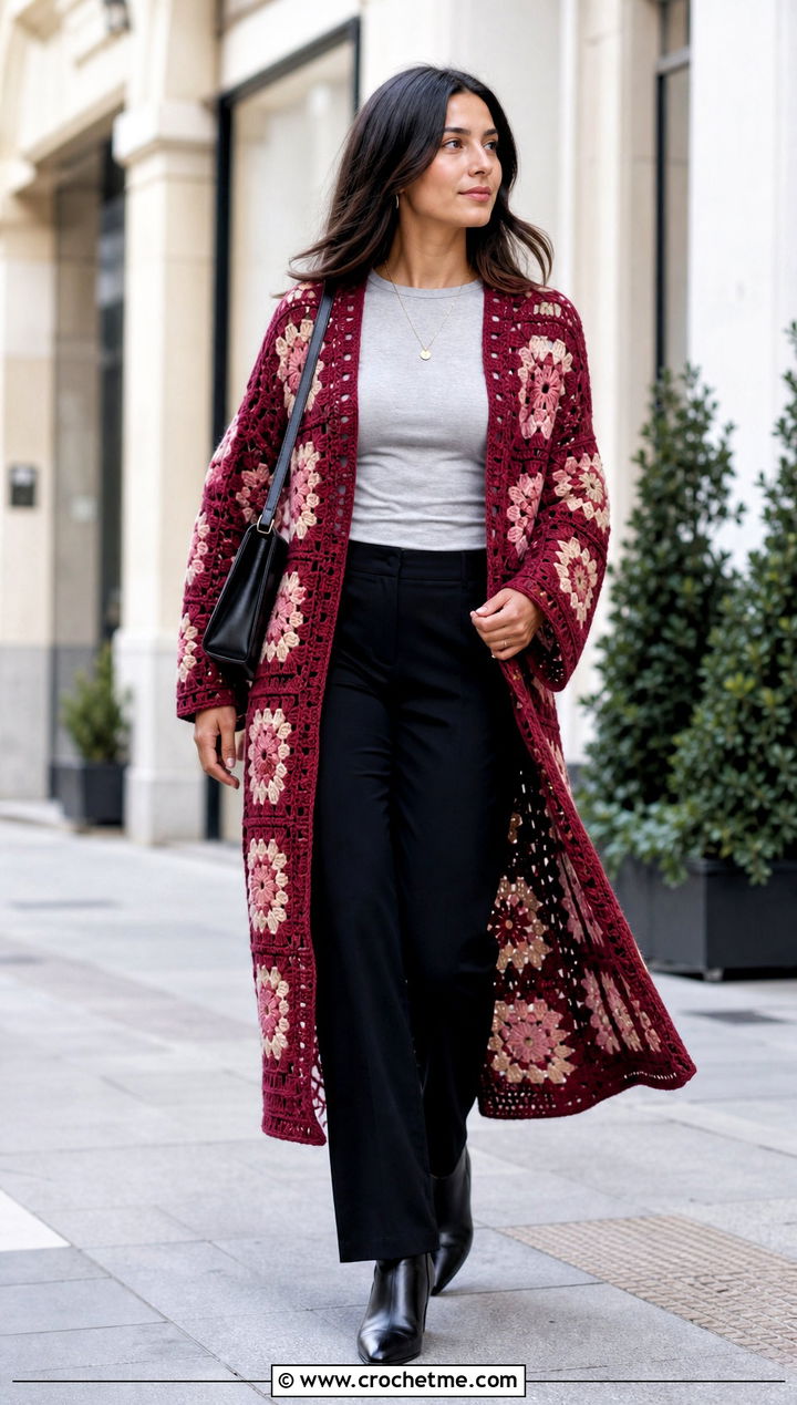 Side Slit Granny Square Kimono With Straight Leg Pants - 30 granny square kimono outfit ideas