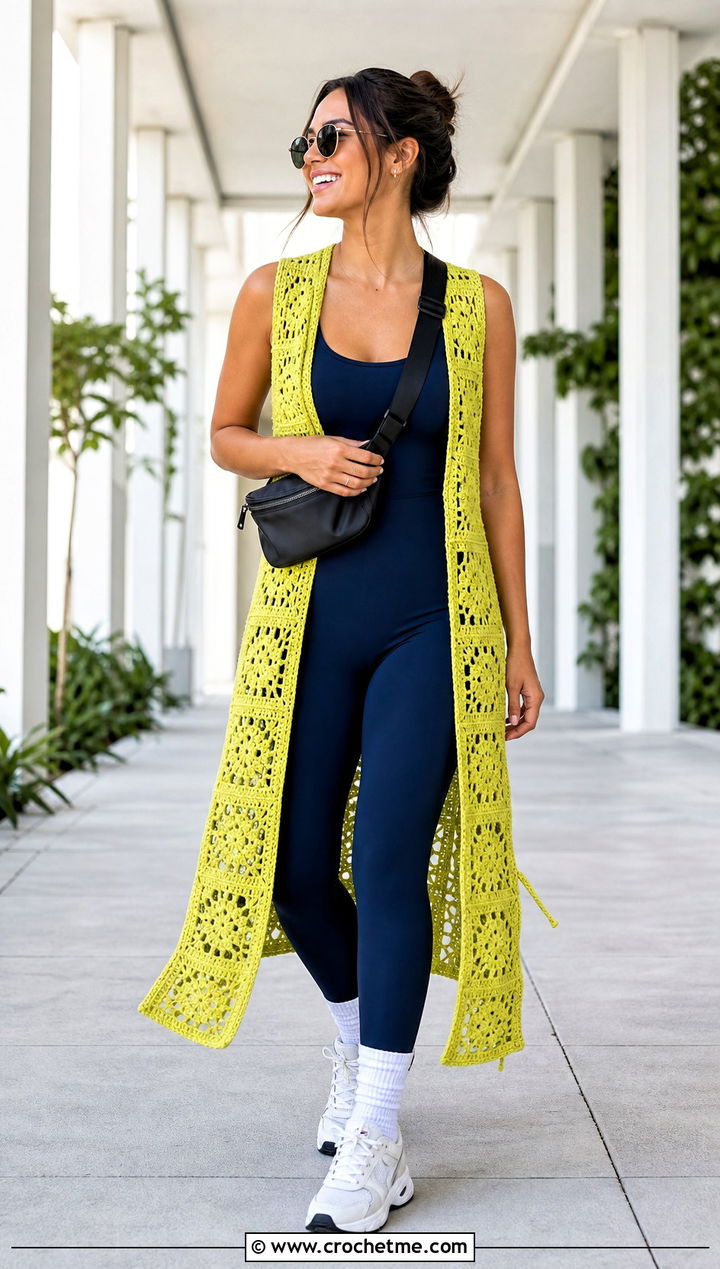 Side Slit Granny Square Long Vest With Unitard And Sneakers - 20 Granny Square Long Vest outfit ideas