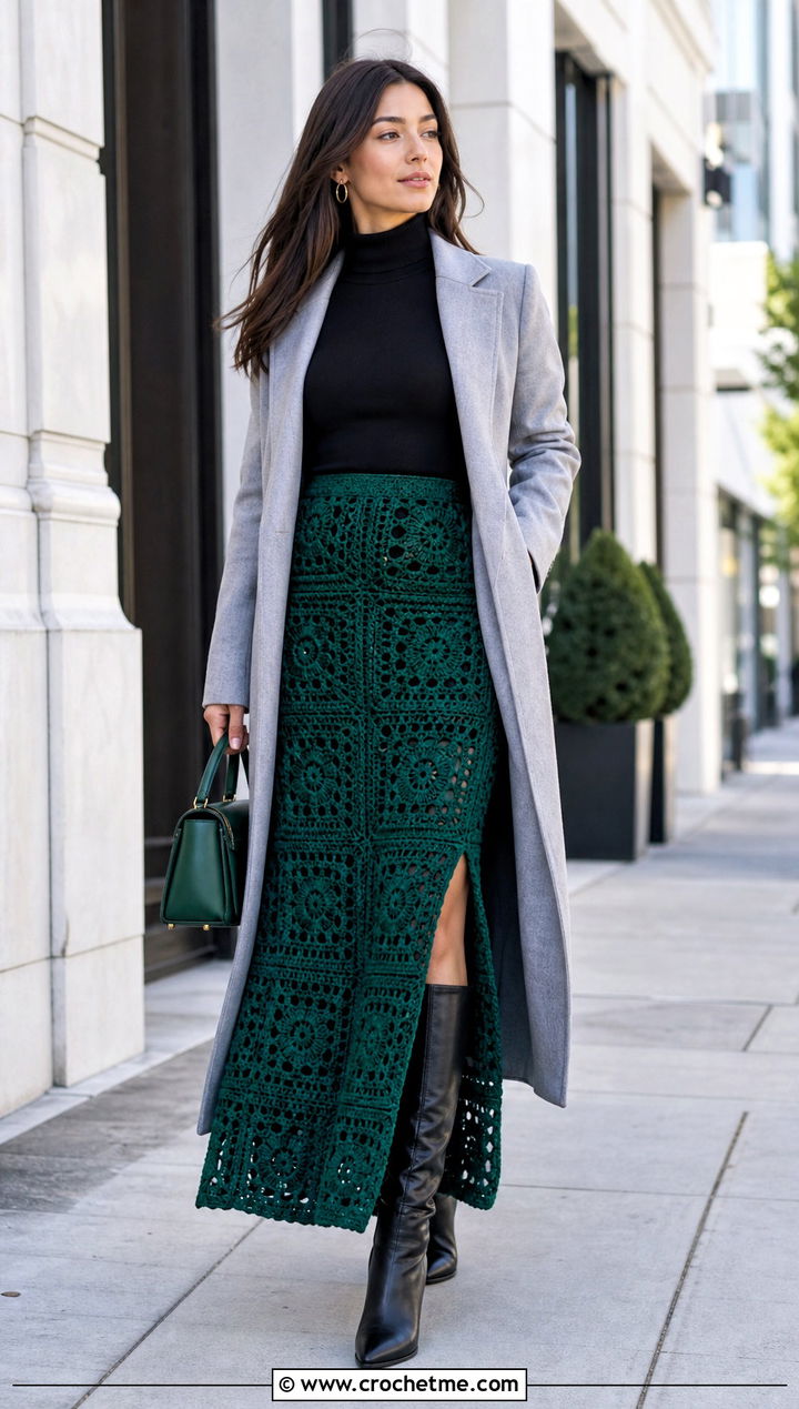 Side Slit Granny Square Maxi Skirt With Turtleneck - 30 granny square crochet skirt outfit ideas