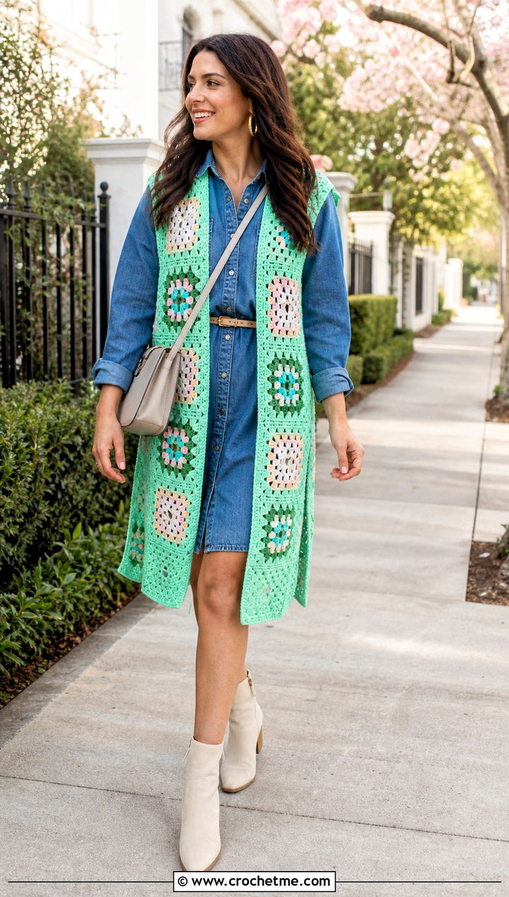 Side Slit Granny Square Open Vest With Denim Shirt Dress - 25 granny square open vest outfit ideas