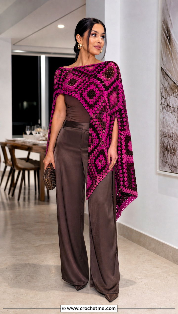 Side Slit Granny Square Poncho With Satin Trousers - 35 granny square poncho outfit ideas