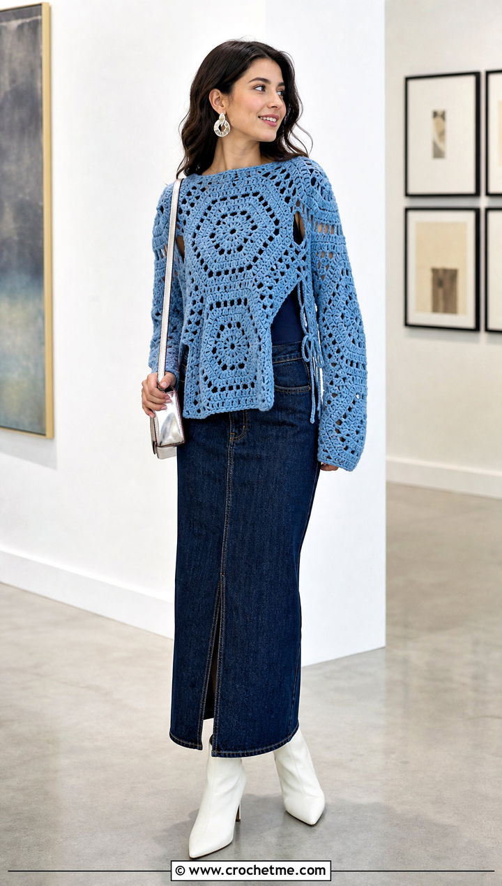 Side Slit Hexagon Granny Square Pullover With Column Skirt - 25 Hexagon Granny Square Pullover outfit ideas