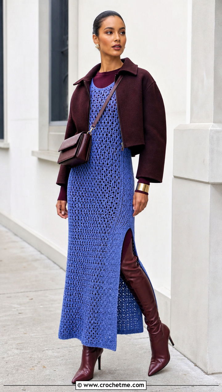 Side Slit Long Crochet Dress With Knee High Boots - 35 Long Crochet Dress outfit ideas