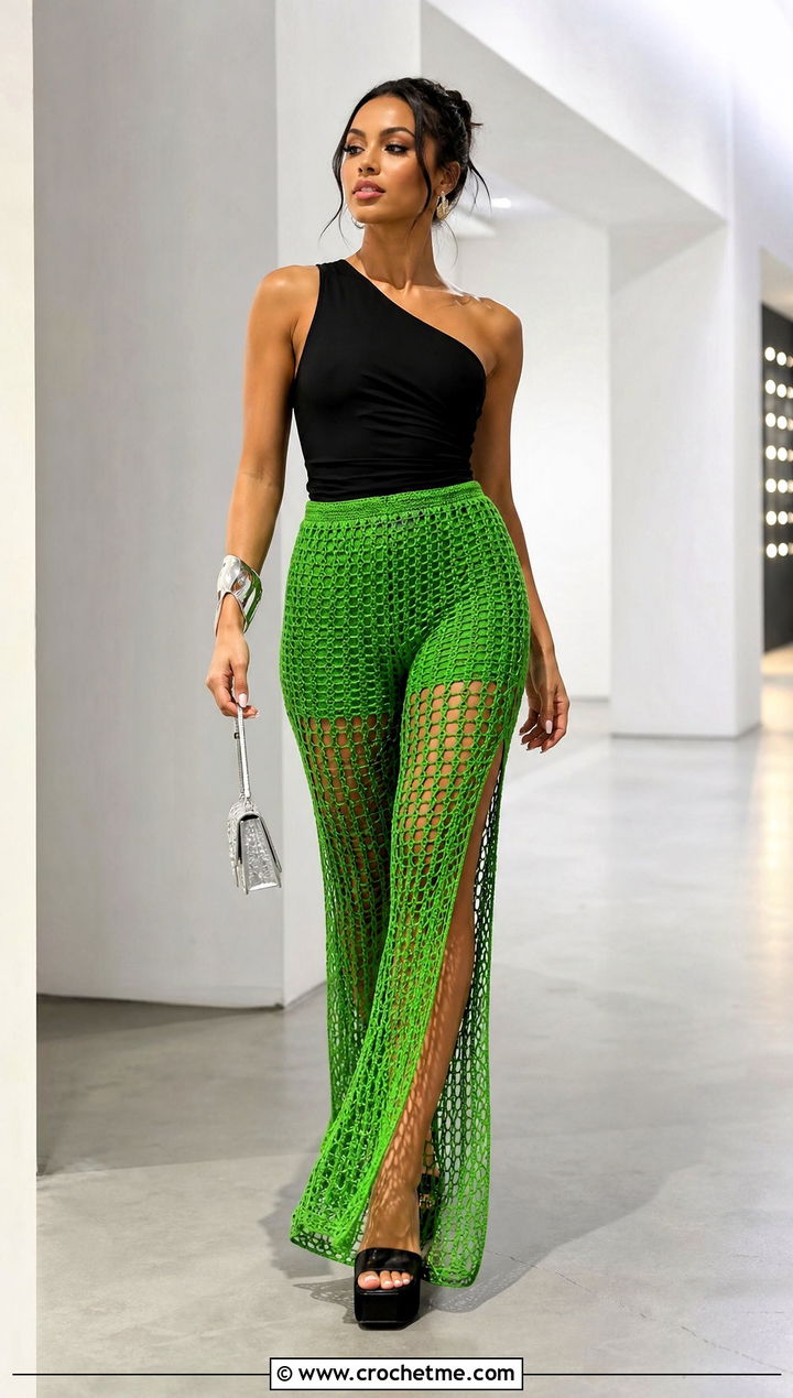 Side Slit Mesh Flare Pants With One Shoulder Top - 20 Crochet Mesh Flare Pants outfit ideas