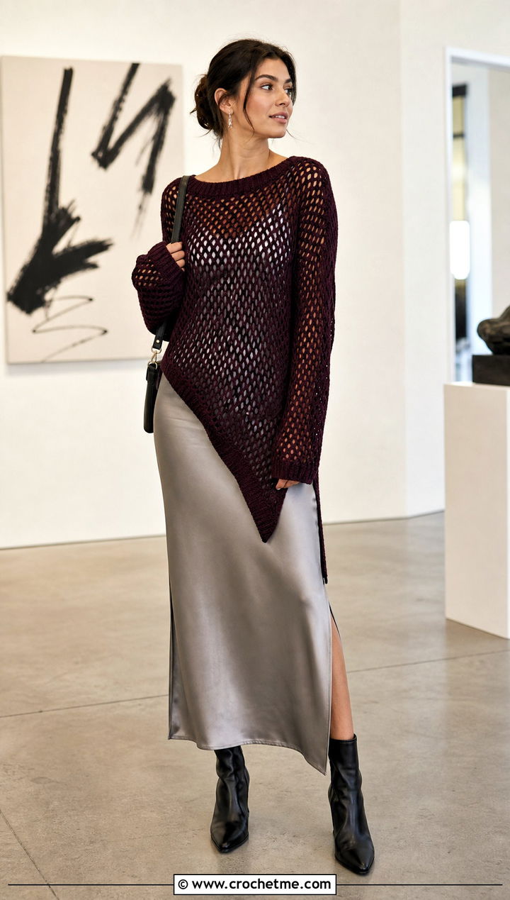 Side Slit Mesh Pullover Over A Slip Dress - 20 Crochet Mesh Pullover outfit ideas