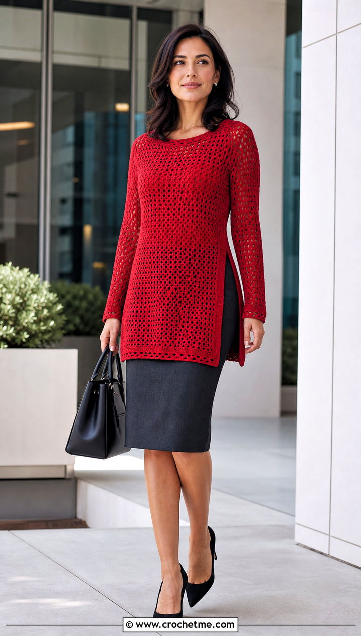 Side Slit One Panel Crochet Sweater With Pencil Skirt - 30 One Panel Crochet Sweater outfit ideas