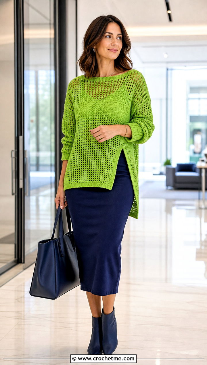 Side Slit Oversize Crochet Sweater With Pencil Skirt - 15 Oversize Crochet Sweater outfit ideas