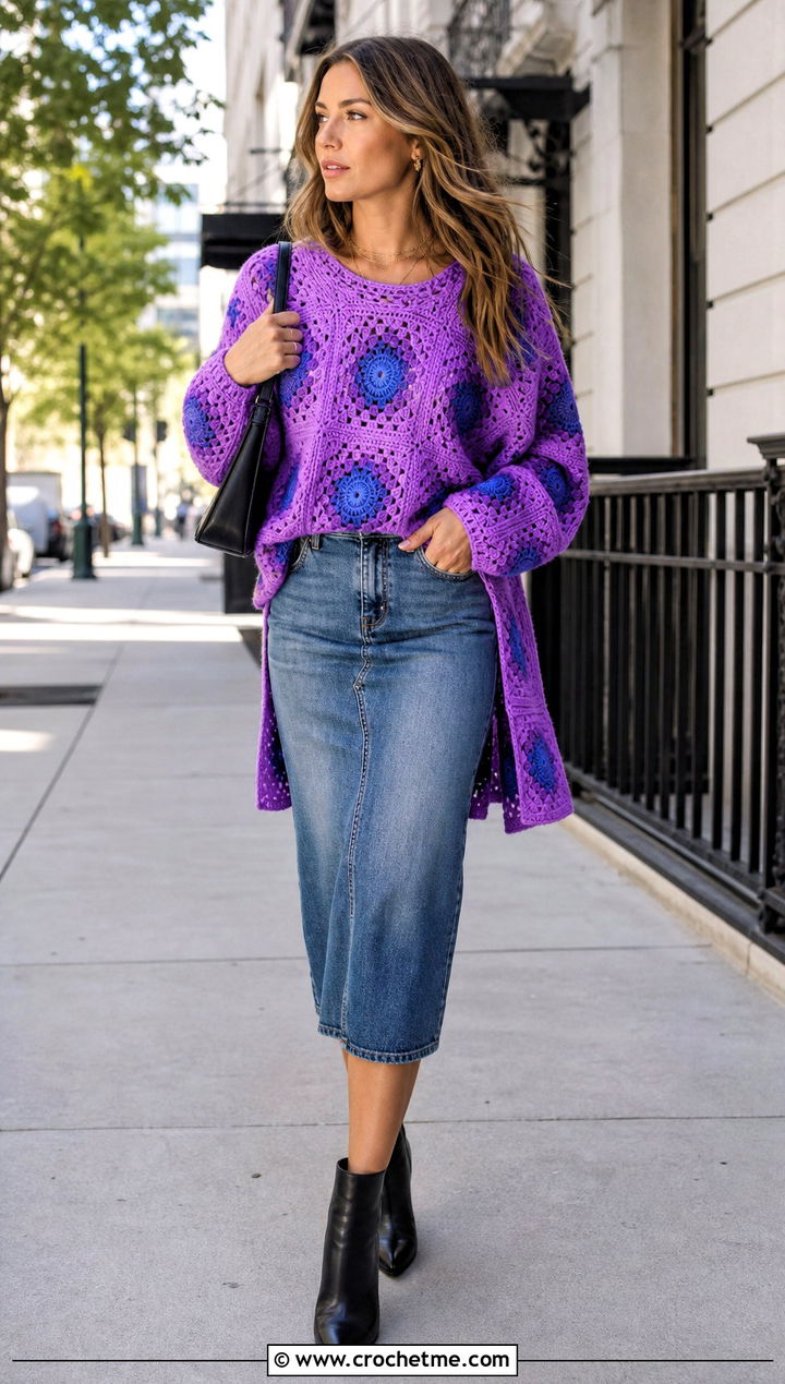 Side Slit Oversized Granny Square Sweater With Denim Midi Skirt - 30 oversized granny square sweater outfit ideas