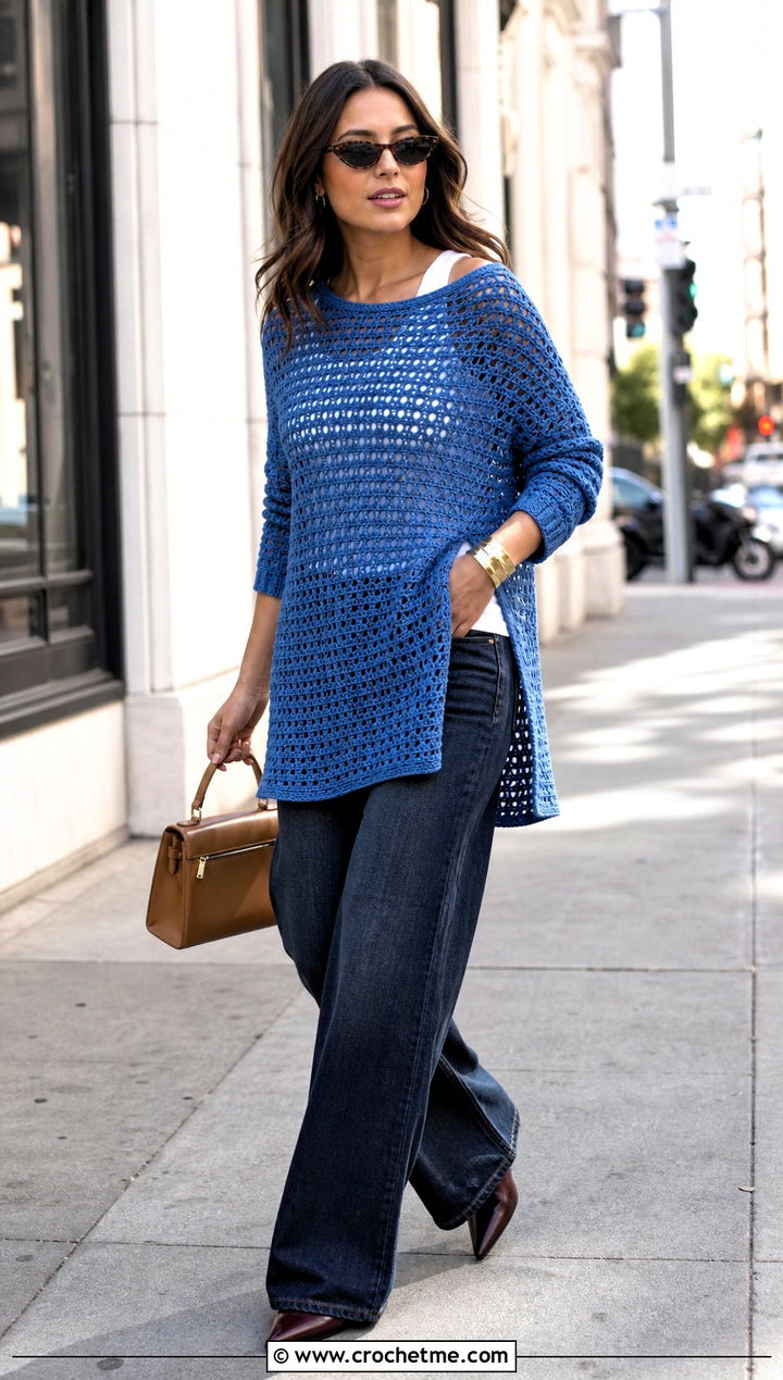 Side Slit Rectangle Sweater With Wide Leg Jeans - 15 Crochet Sweater From Rectangle outfit ideas