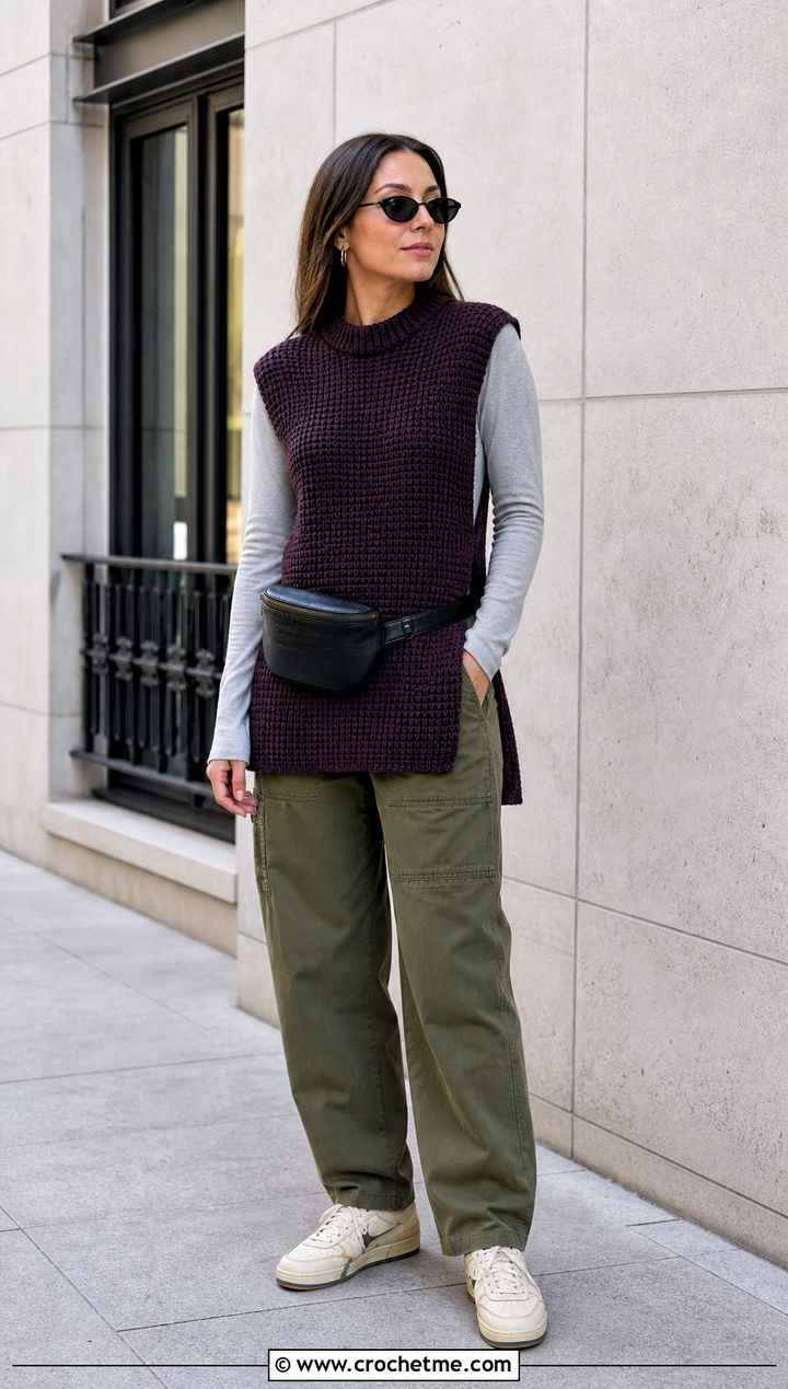 Side Slit Tunisian Crochet Sweater Vest With Cargo Pants - 25 tunisian crochet sweater vest outfit ideas