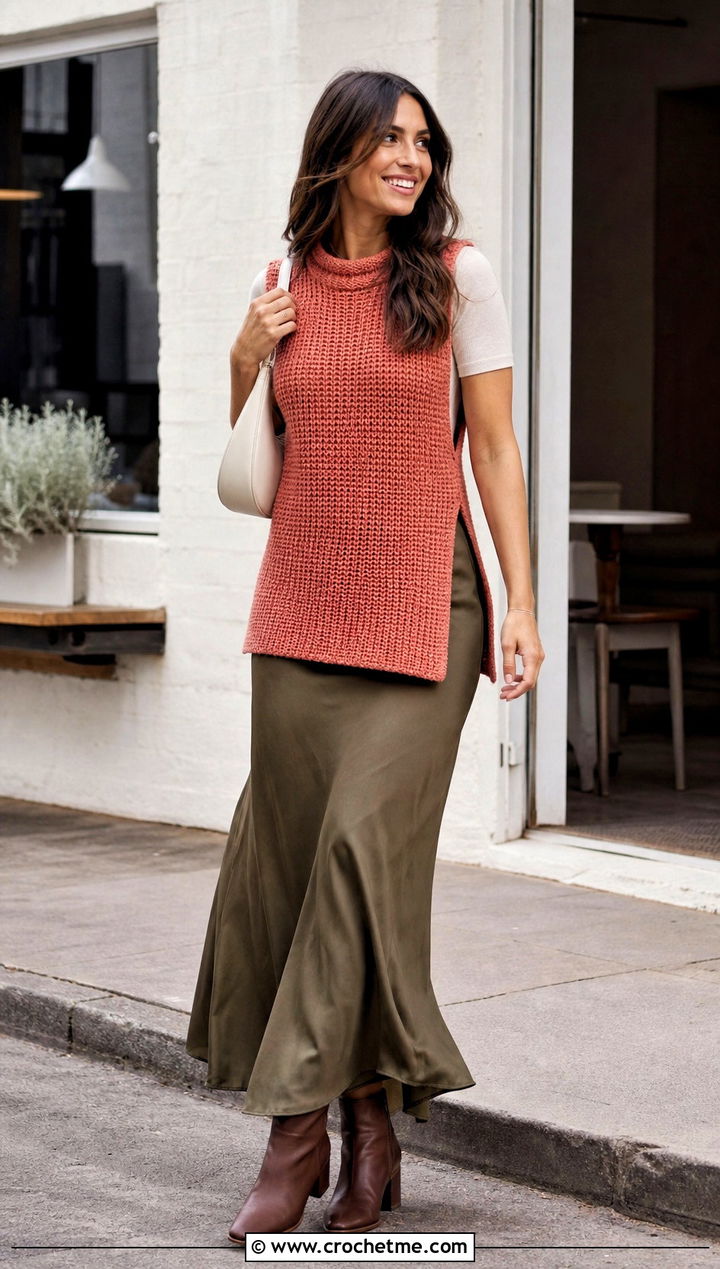 Side Slit Tunisian Crochet Vest With Maxi Skirt - 20 Tunisian Crochet Vest outfit ideas