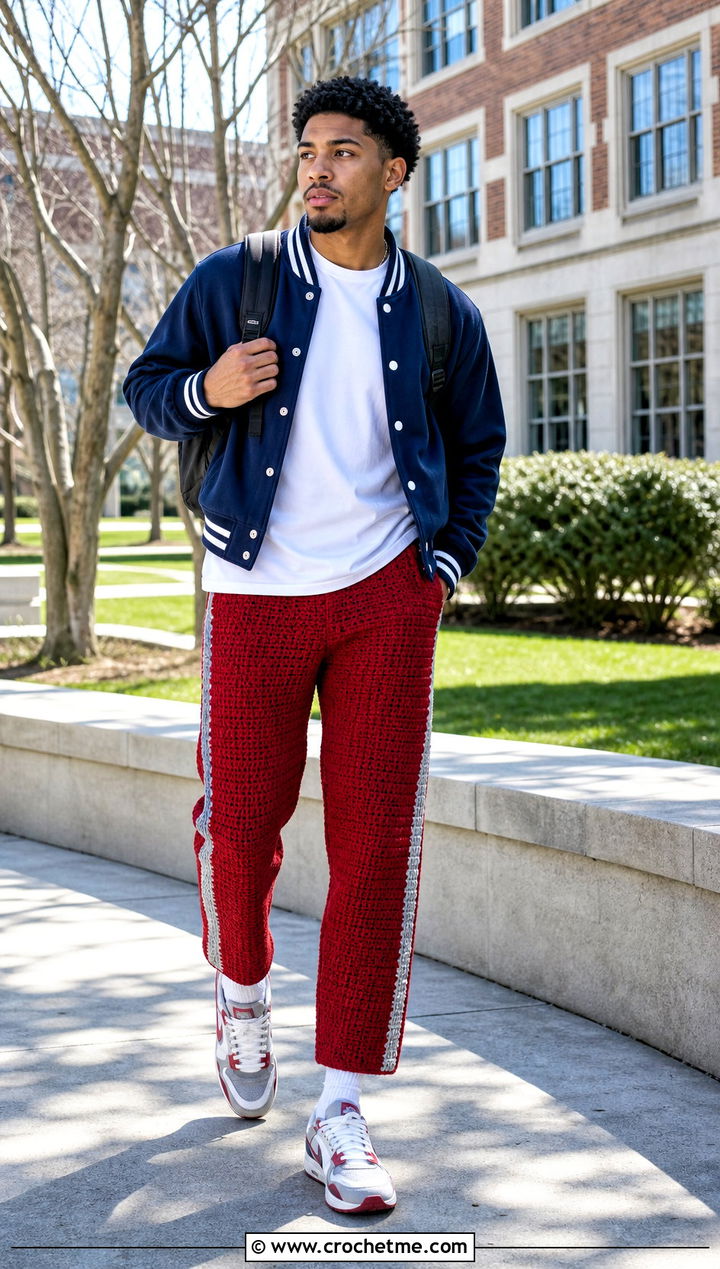 Side Stripe Crochet Pants With Varsity Jacket - 35 crochet pants men outfit ideas
