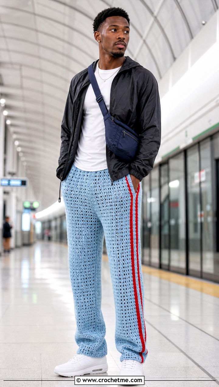 Side Stripe Crochet Track Pants With Windbreaker - 15 crochet men pants outfit ideas