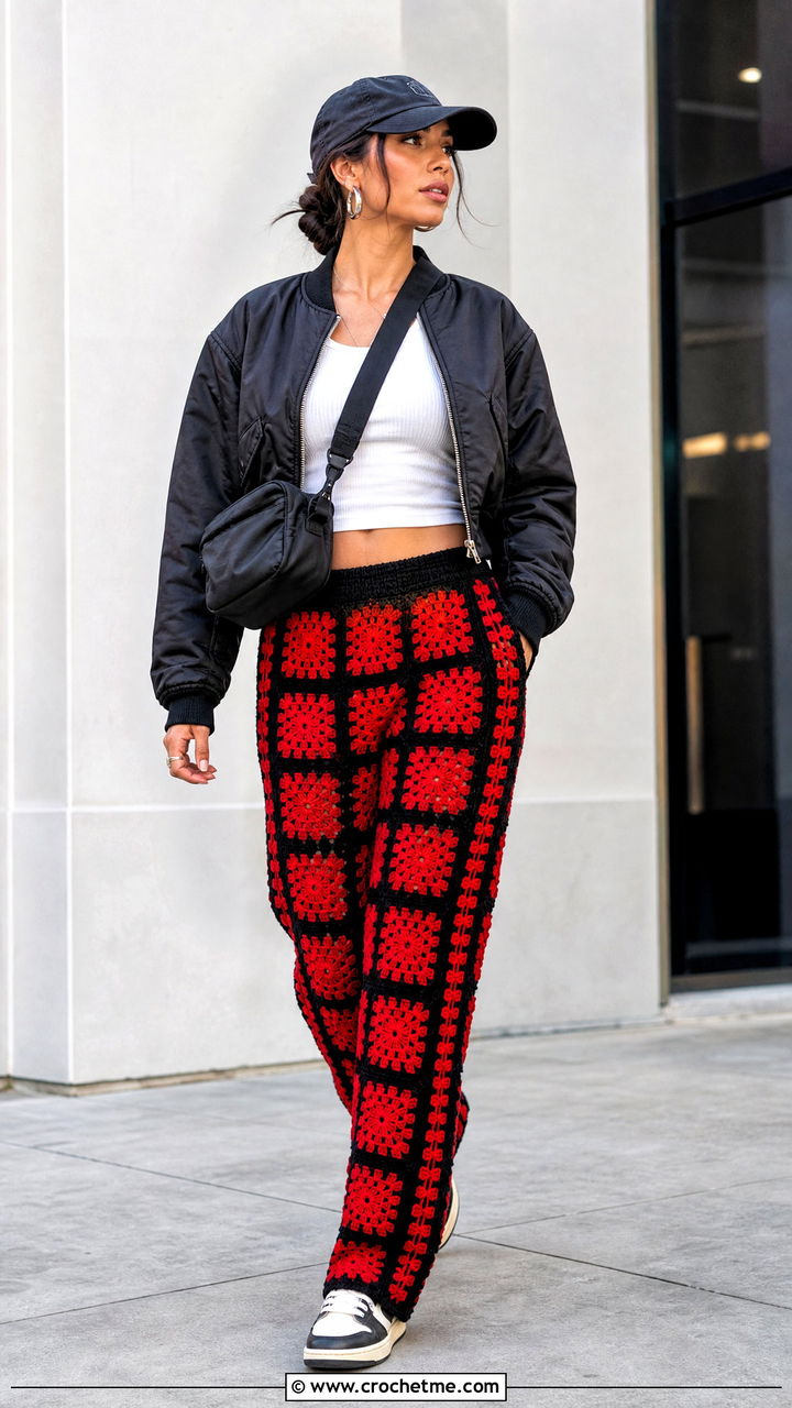 Side Stripe Granny Square Pants With Bomber Jacket And Sneakers - 35 crochet granny square pants outfit ideas