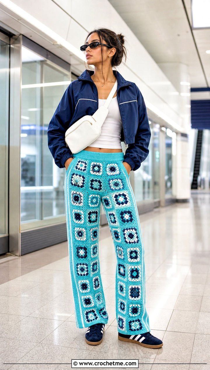 Side Stripe Granny Square Trousers With Track Jacket - 35 granny square trousers outfit ideas