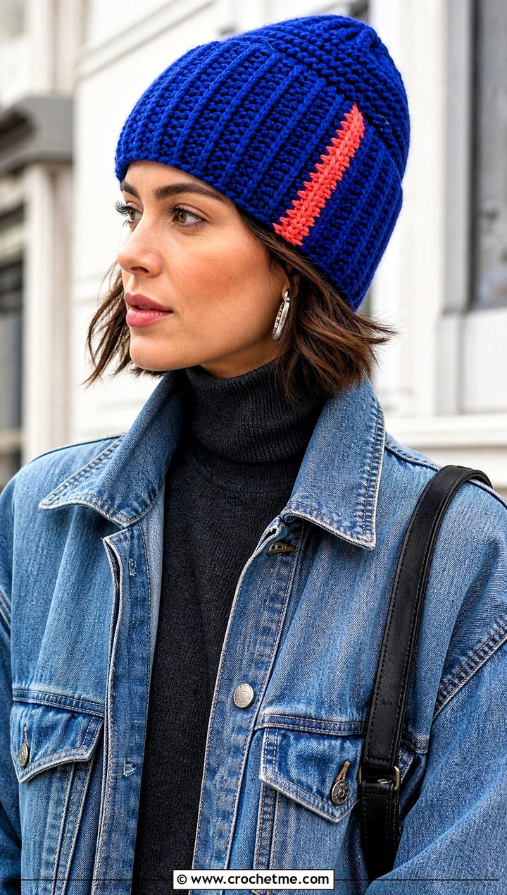 Side Stripe Highland Crochet Beanie With Denim Jacket - 15 highland crochet beanie outfit ideas