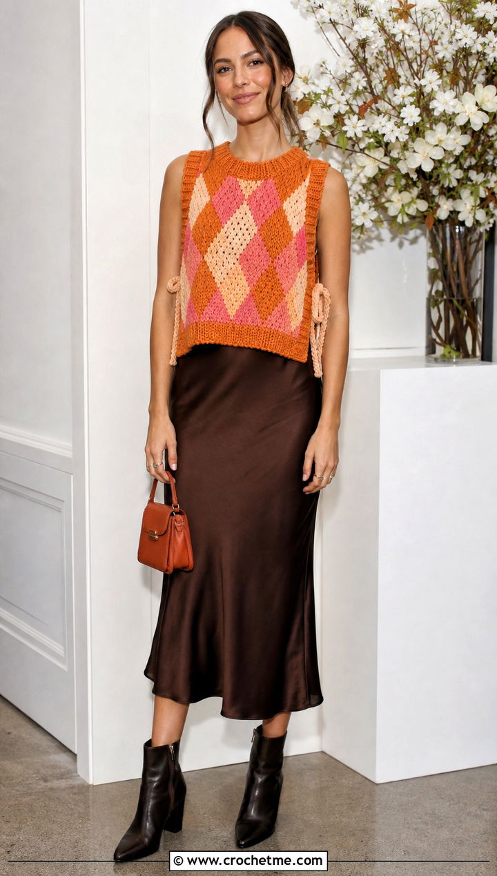 Side Tie Argyle Crochet Sweater Vest Over A Slip Dress - 20 Argyle Crochet Sweater Vest outfit ideas