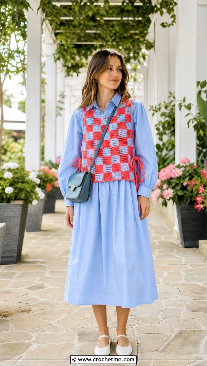 Side Tie Checkered Crochet Vest With Poplin Dress - 30 checkered crochet vest outfit ideas