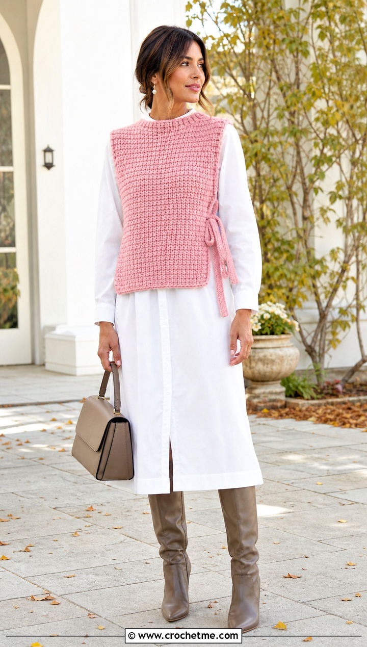 Side Tie Chunky Crochet Vest Over Poplin Dress - 30 crochet chunky vest outfit ideas