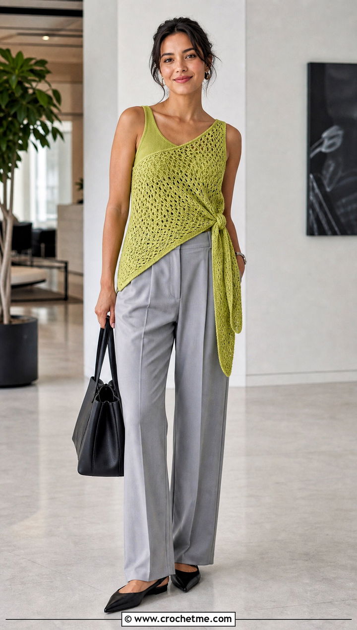 Side Tie Crochet Asymmetrical Top With Tailored Trousers - 25 crochet assymetrical top outfit ideas