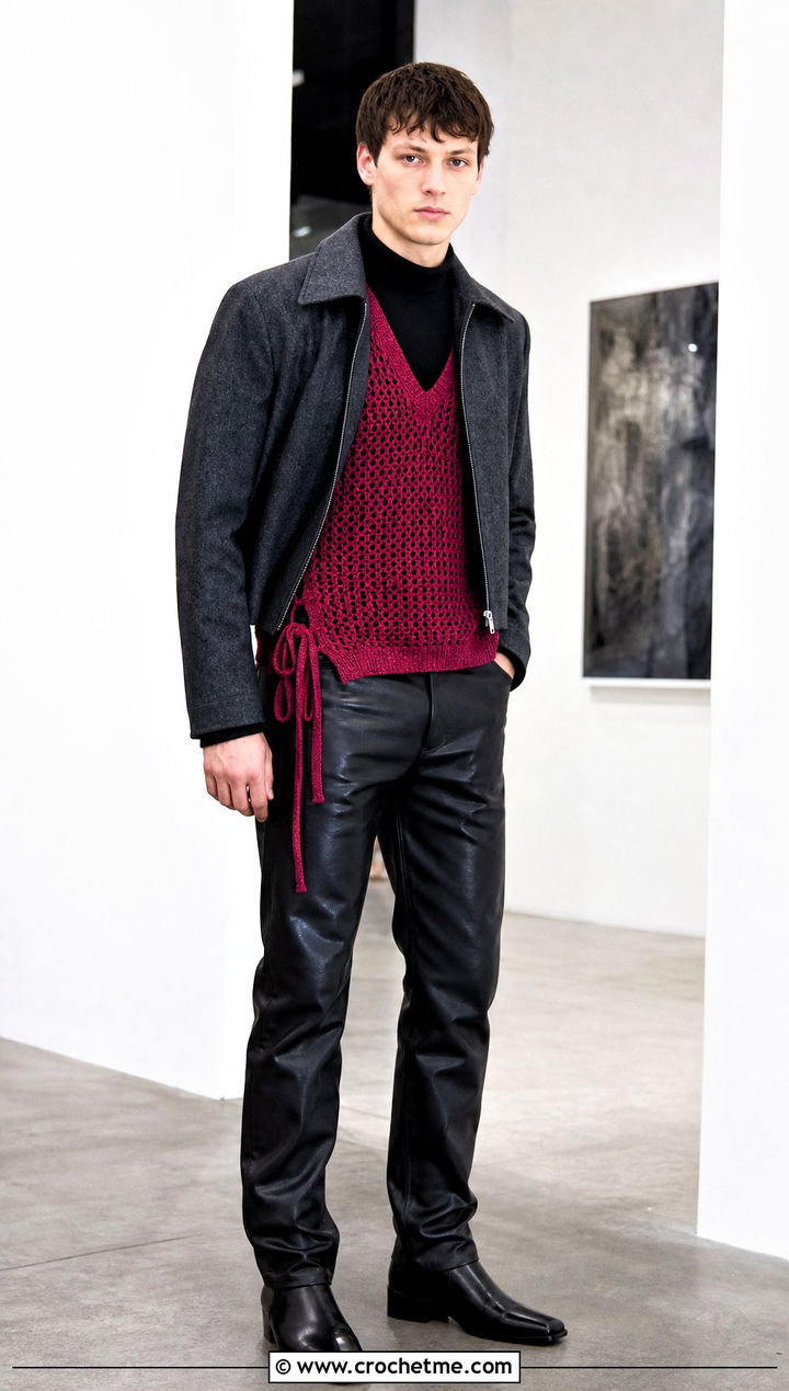Side Tie Crochet Mens Sweater Vest With Leather Pants - 25 crochet mens sweater vest outfit ideas