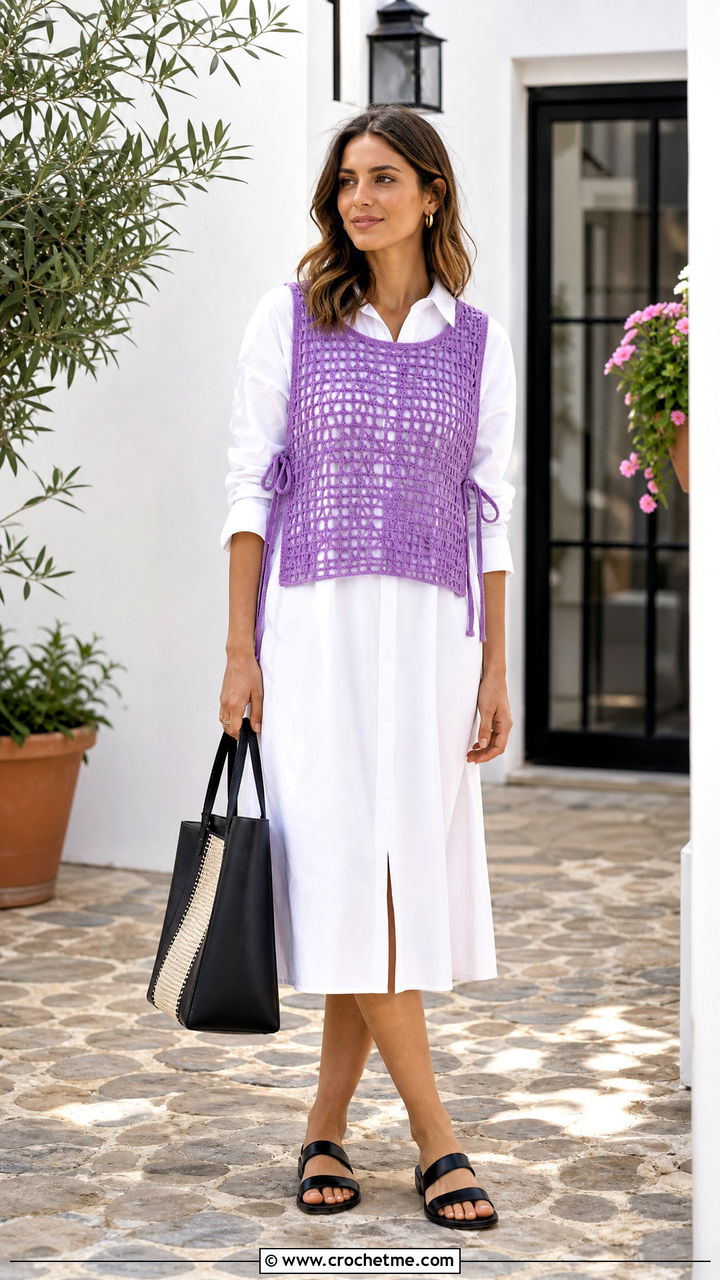 Side Tie Crochet Mesh Vest With Poplin Dress - 35 crochet mesh vest outfit ideas