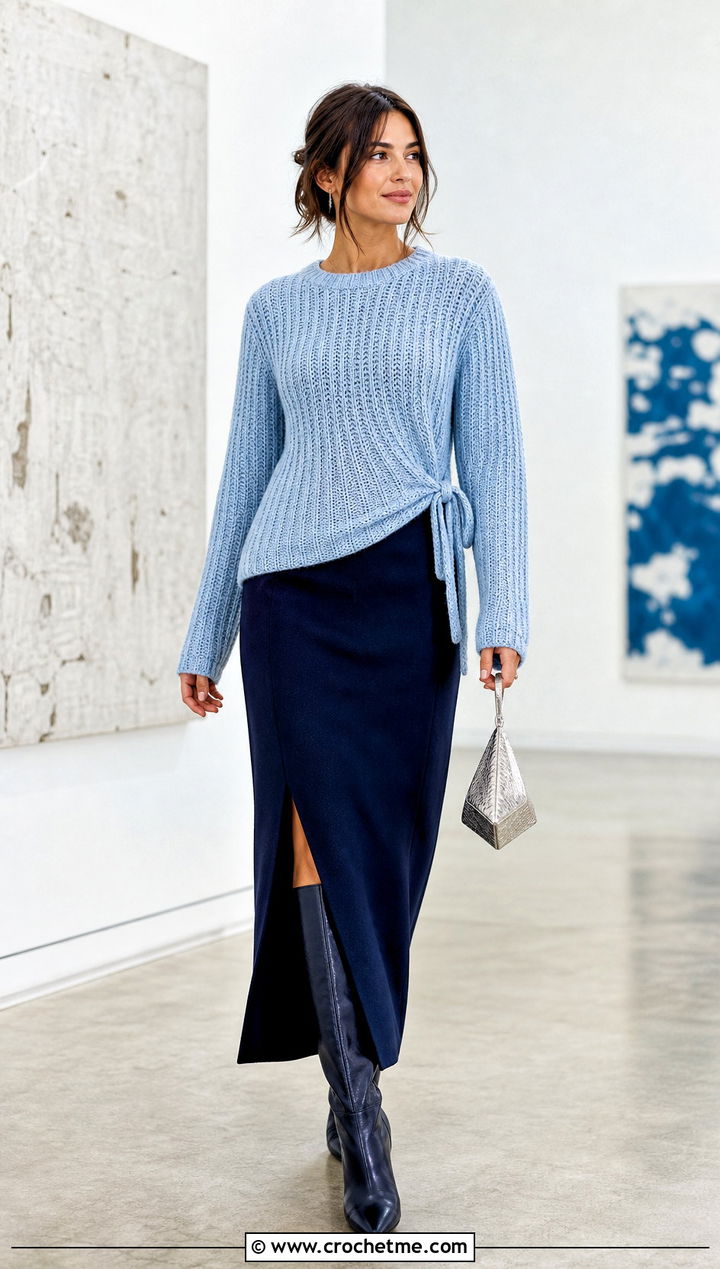 Side Tie Crochet Ribbed Sweater With Column Skirt - 35 crochet ribbed sweater outfit ideas