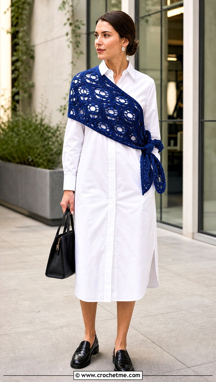 Side Tie Crochet Skull Shawl With a Poplin Shirt Dress - 35 crochet skull shawl outfit ideas