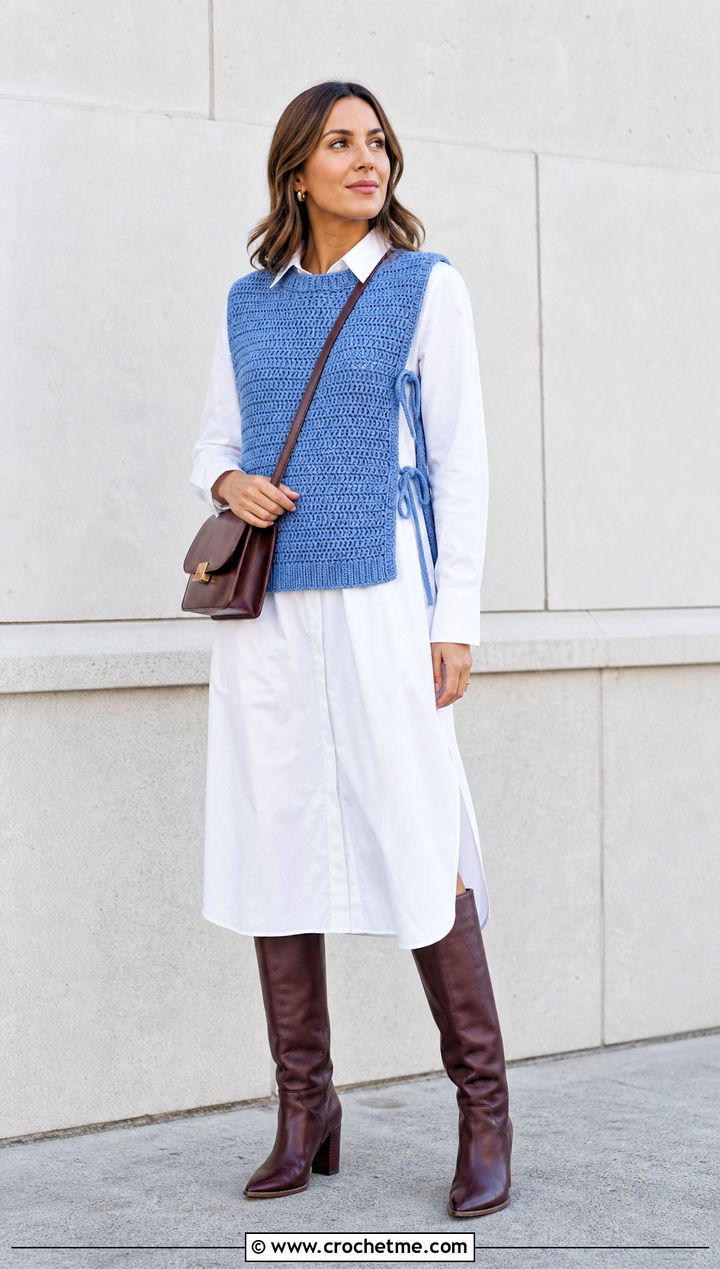 Side Tie Crochet Slipover Vest With Poplin Shirt Dress - 15 crochet slip over vest outfit ideas