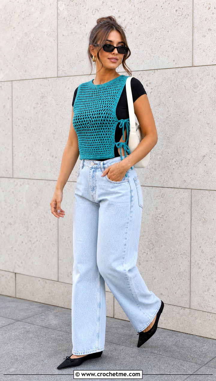 Side Tie Crochet Sweater Vest With Barrel Jeans - 25 diy crochet sweater vest outfit ideas